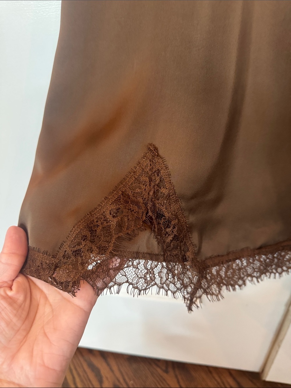Chocolate Brown Satin Lace Trim Mini Slip Skirt Size Medium - Picture 2 of 5